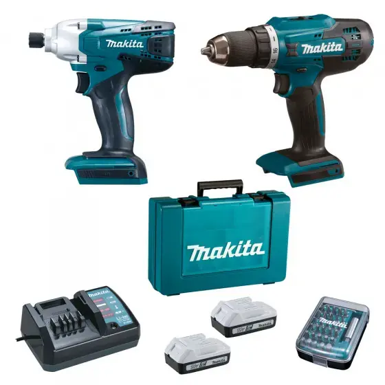 Produit De Marque Perceuse sans fil 18V DF4880 + clé à chocs 18V TD127D - MAKITA - avec 2 batteries 18V 1.5 Ah + chargeur + 30 embouts - DK18A35X1