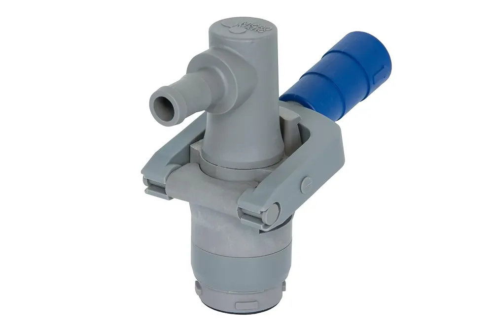 Fill-Rite MMNM075RPV Coupleur de distribution réutilisable non métallique Micro Matic RPV à 4 broches avec raccord cannelé horizontal de 3/4", joints en EPDM. Le conteneur doit avoir une valve de conteneur à 4 clés. Usine Directe